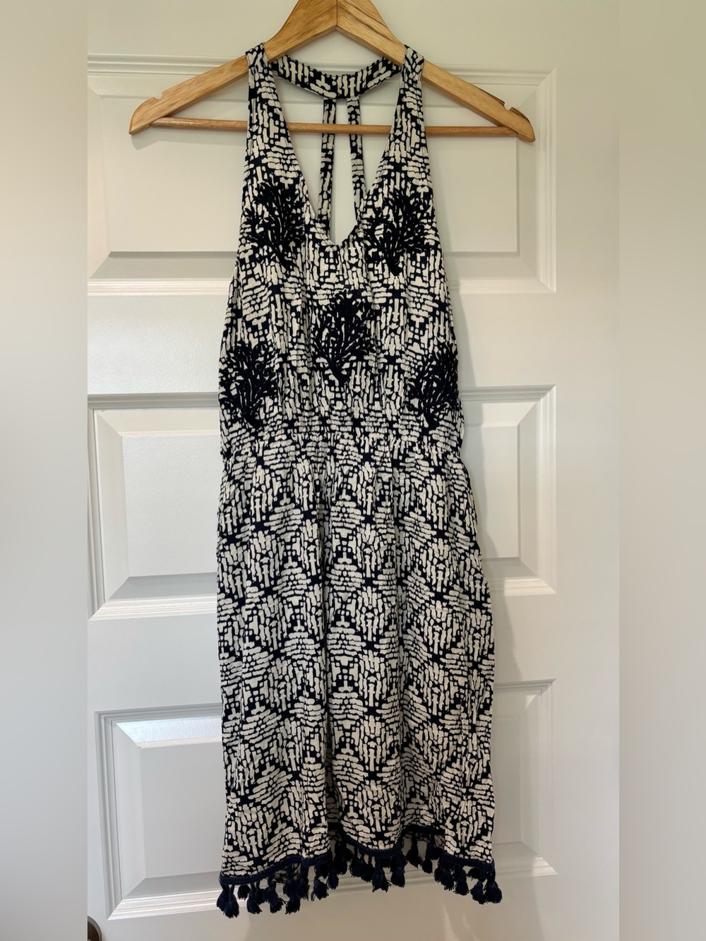 THML Halter Dress Sz M Boho Print Embroidered Tassel Fringe Navy Cream EUC